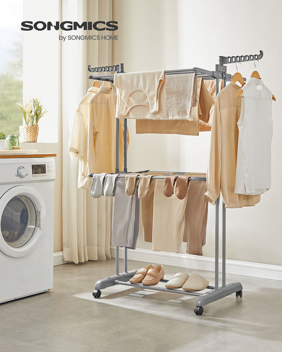 Large Clothes Drying Rack – Stainless Steel – Dove Grey – Foldable and Moveable with 4 Tiers