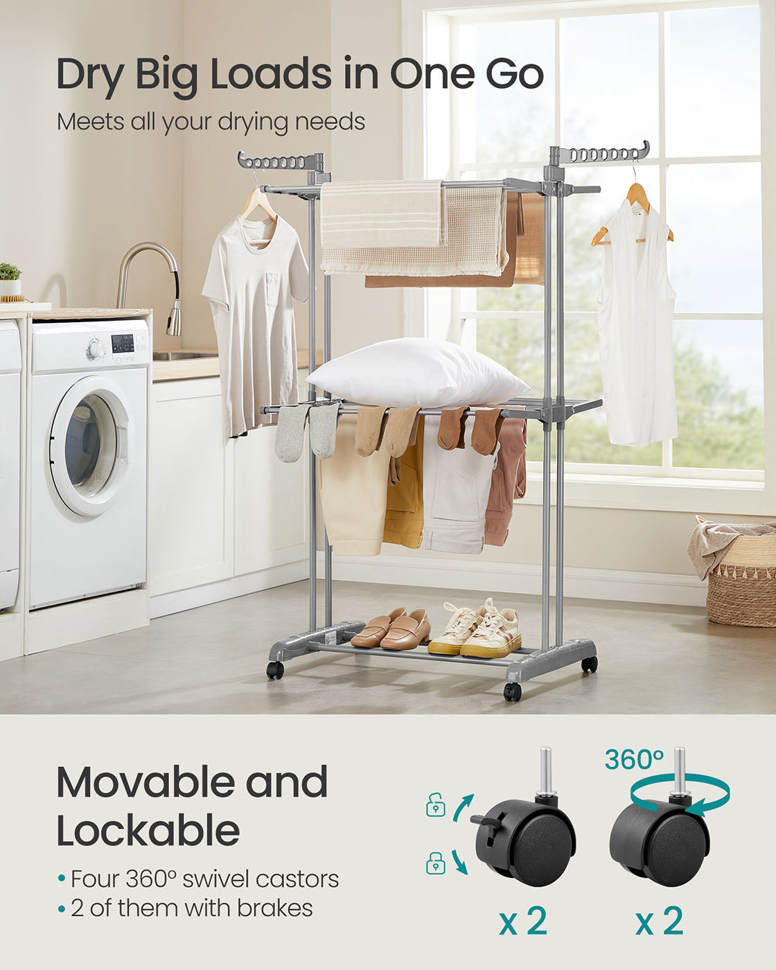 Large Clothes Drying Rack – Stainless Steel – Dove Grey – Foldable and Moveable with 4 Tiers