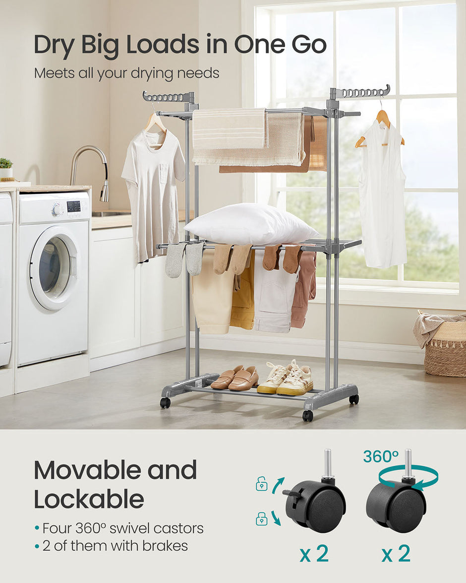 Large Clothes Drying Rack – Stainless Steel – Dove Grey – Foldable and Moveable with 4 Tiers
