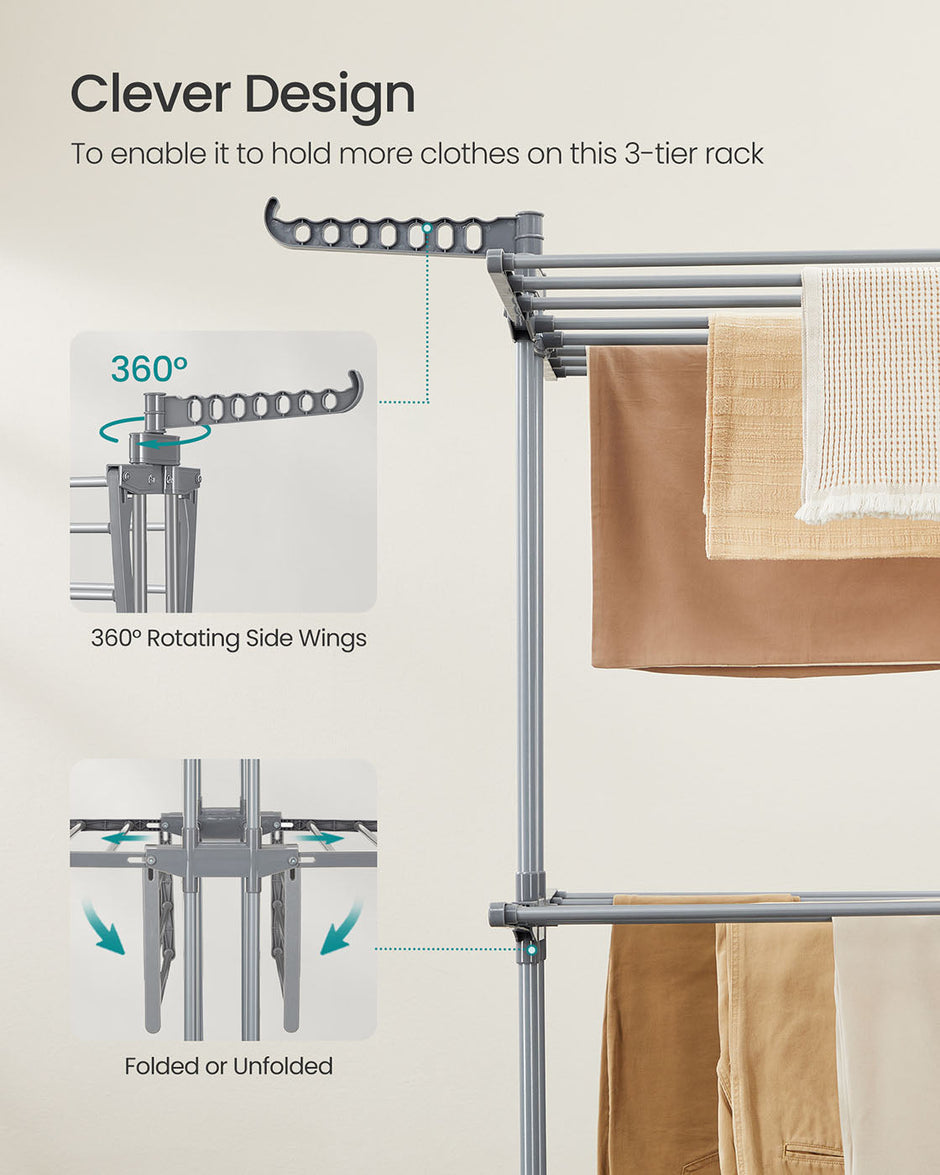 Large Clothes Drying Rack – Stainless Steel – Dove Grey – Foldable and Moveable with 4 Tiers
