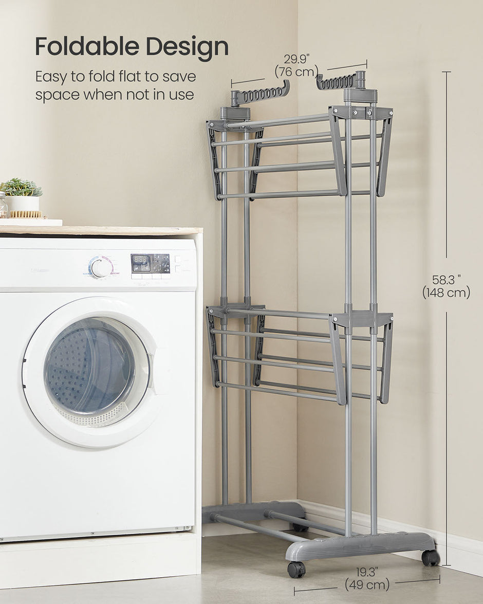 Large Clothes Drying Rack – Stainless Steel – Dove Grey – Foldable and Moveable with 4 Tiers