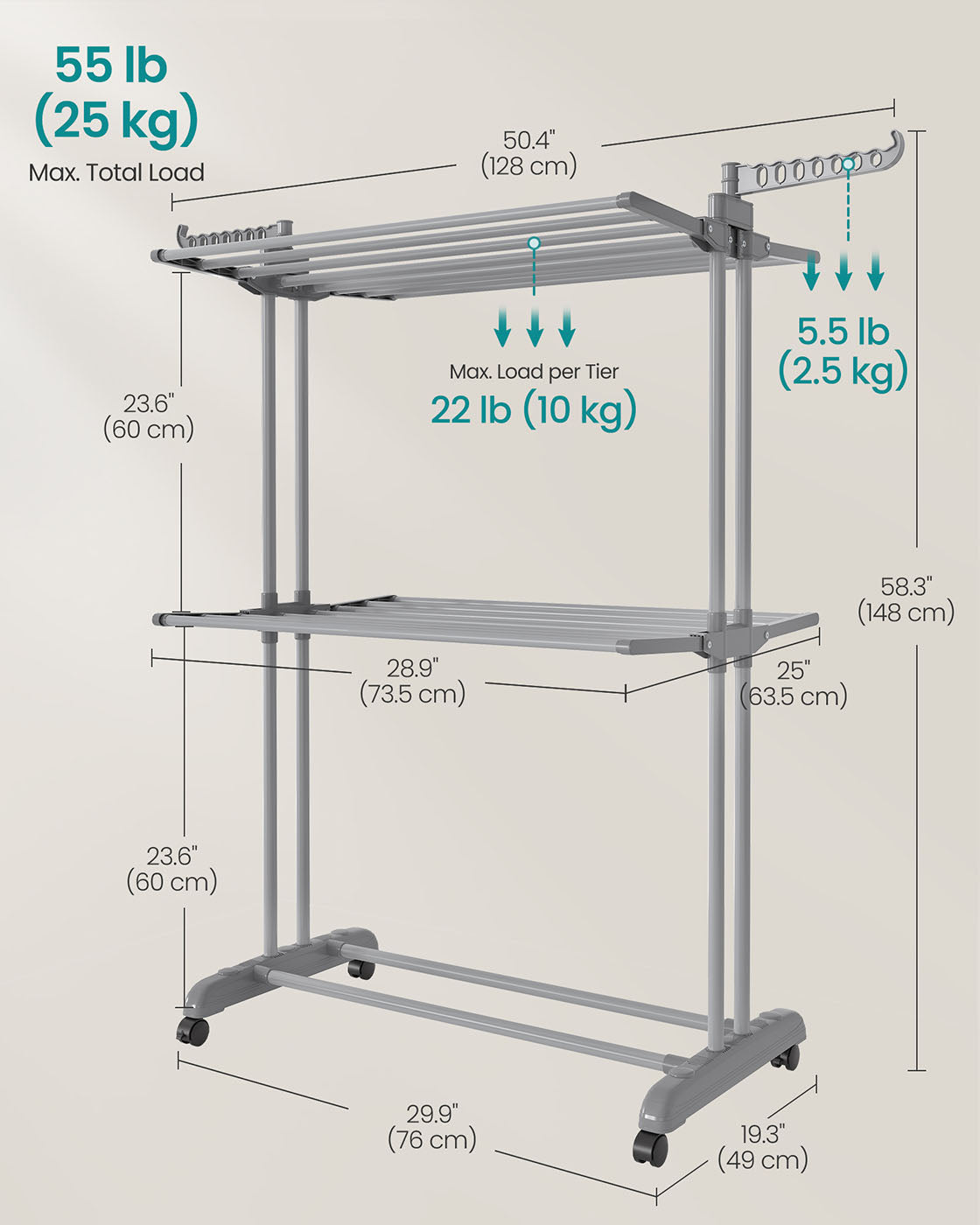 Large Clothes Drying Rack – Stainless Steel – Dove Grey – Foldable and Moveable with 4 Tiers