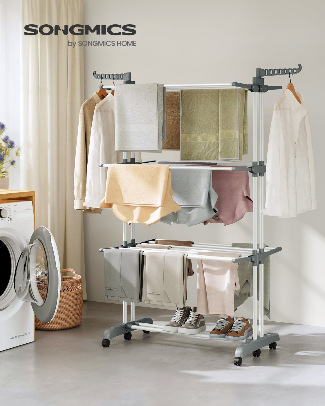 Foldable Clothes Airer – Stainless Steel – Grey – 4-Tier Moveable Design