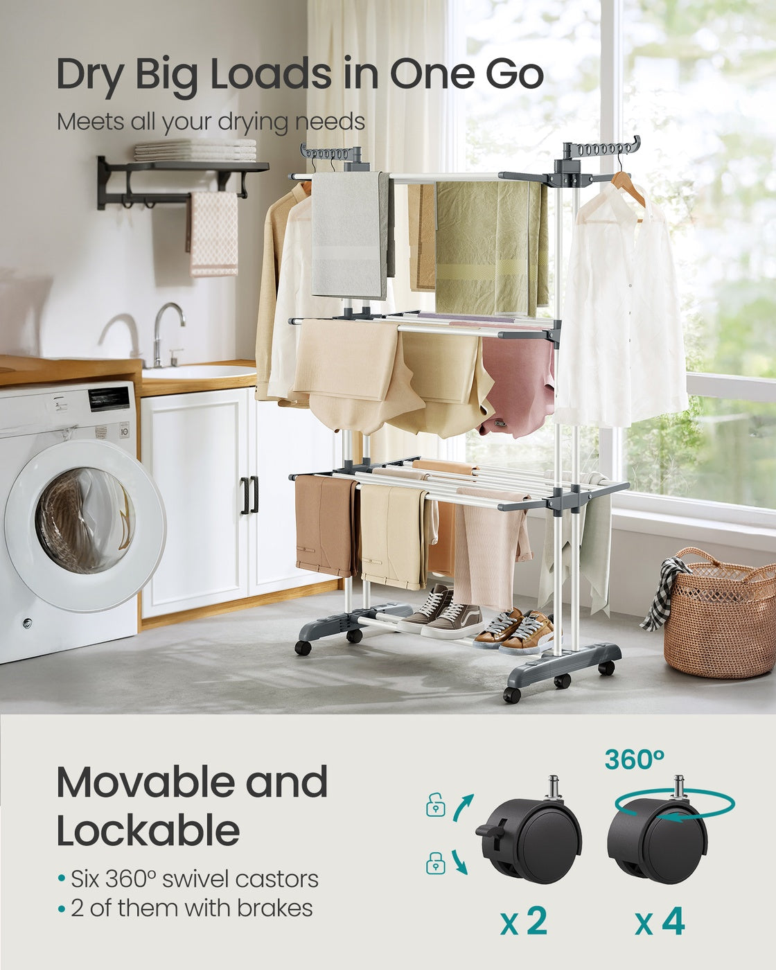 Foldable Clothes Airer – Stainless Steel – Grey – 4-Tier Moveable Design