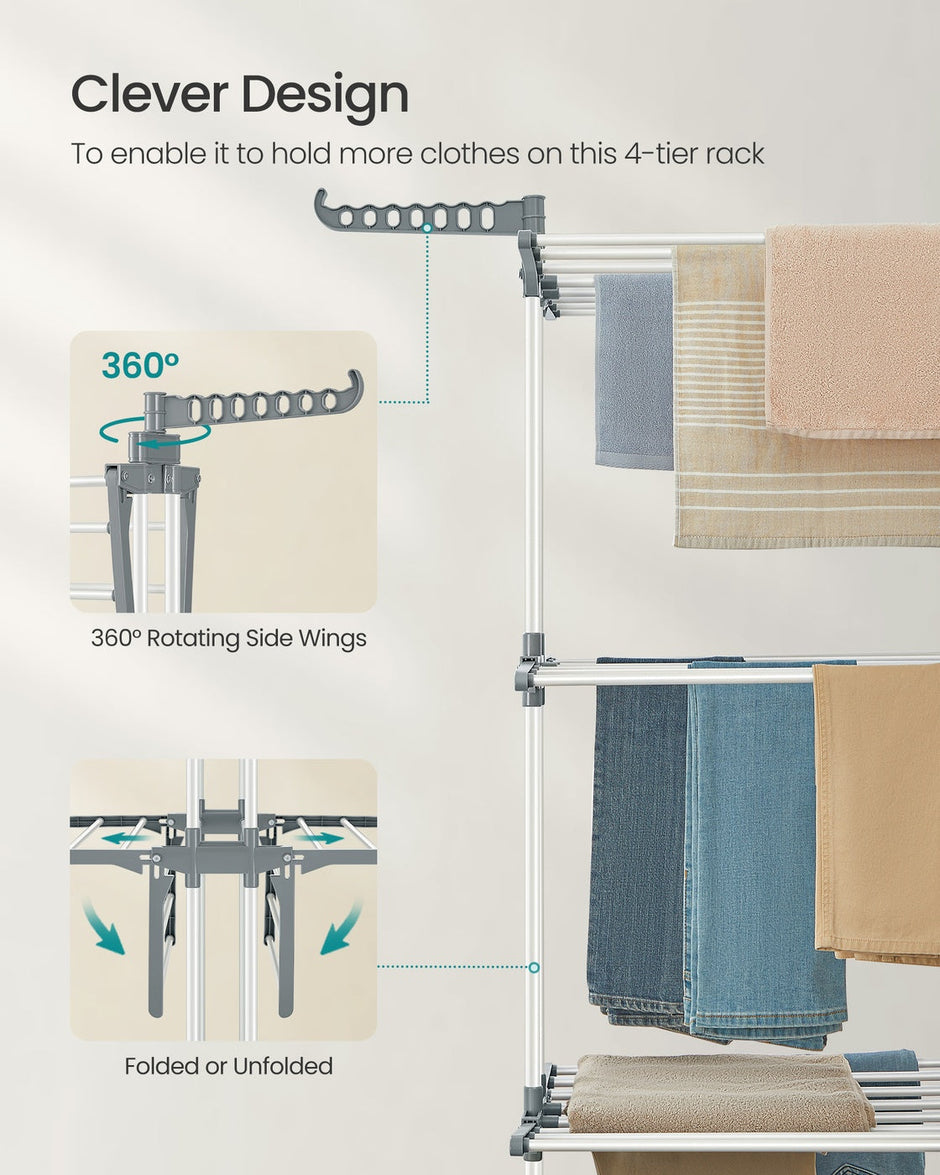Foldable Clothes Airer – Stainless Steel – Grey – 4-Tier Moveable Design