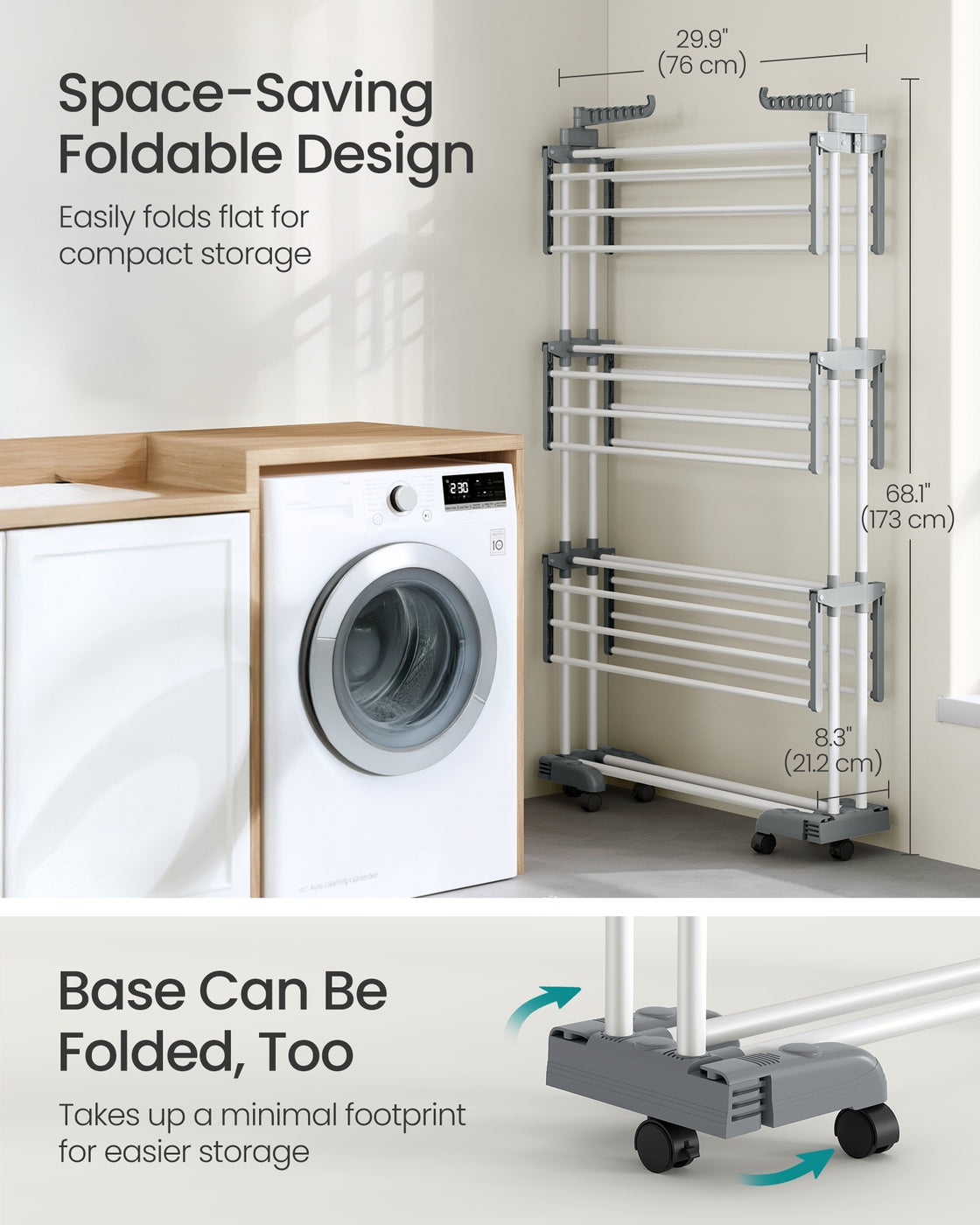 Foldable Clothes Airer – Stainless Steel – Grey – 4-Tier Moveable Design