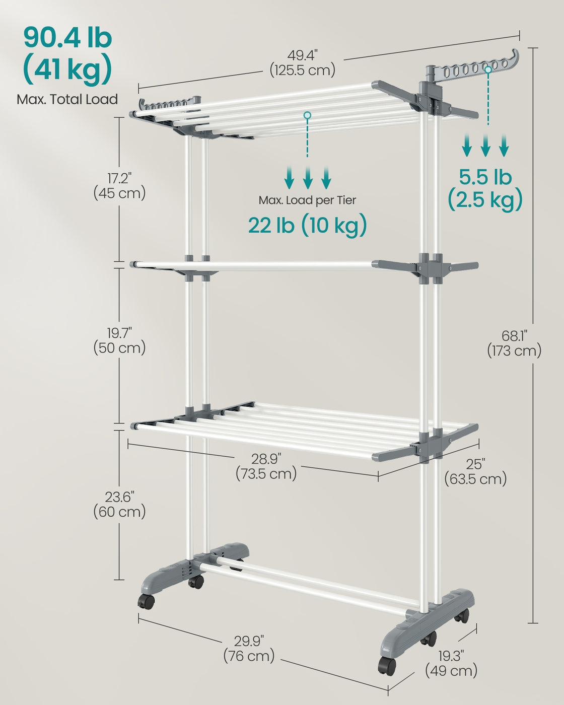 Foldable Clothes Airer – Stainless Steel – Grey – 4-Tier Moveable Design