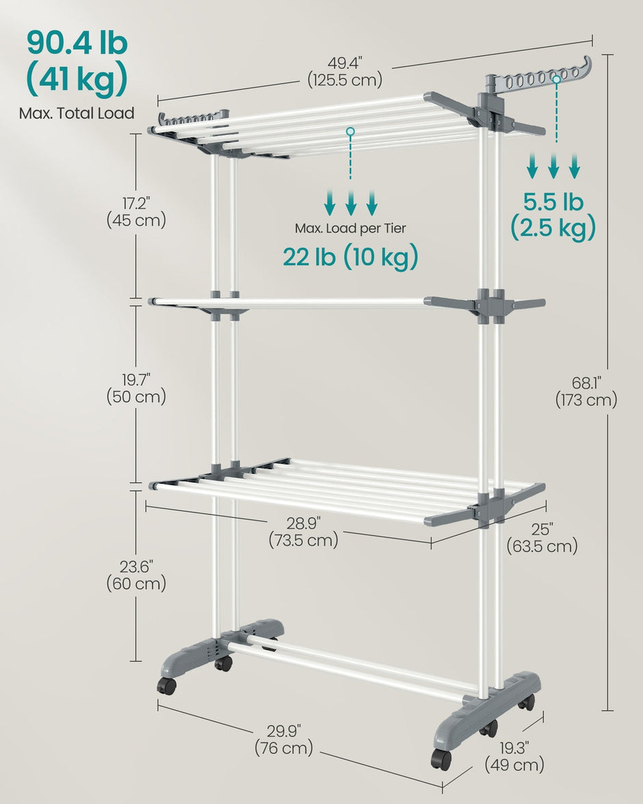 Foldable Clothes Airer – Stainless Steel – Grey – 4-Tier Moveable Design
