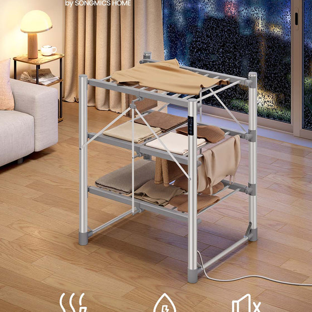 Heated Clothes Airer – Aluminium Alloy – Silver – Foldable with Fabric Cover and Control Panel