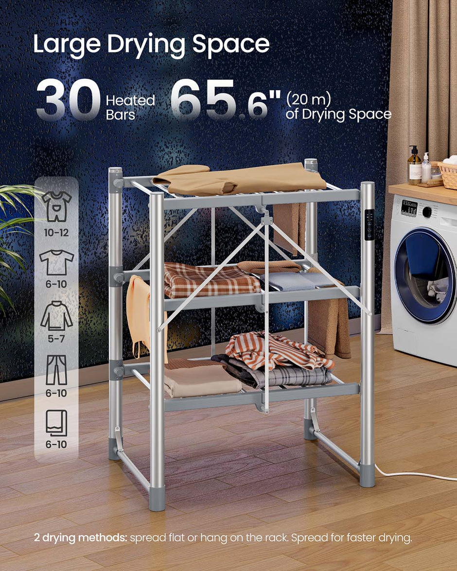 Heated Clothes Airer – Aluminium Alloy – Silver – Foldable with Fabric Cover and Control Panel