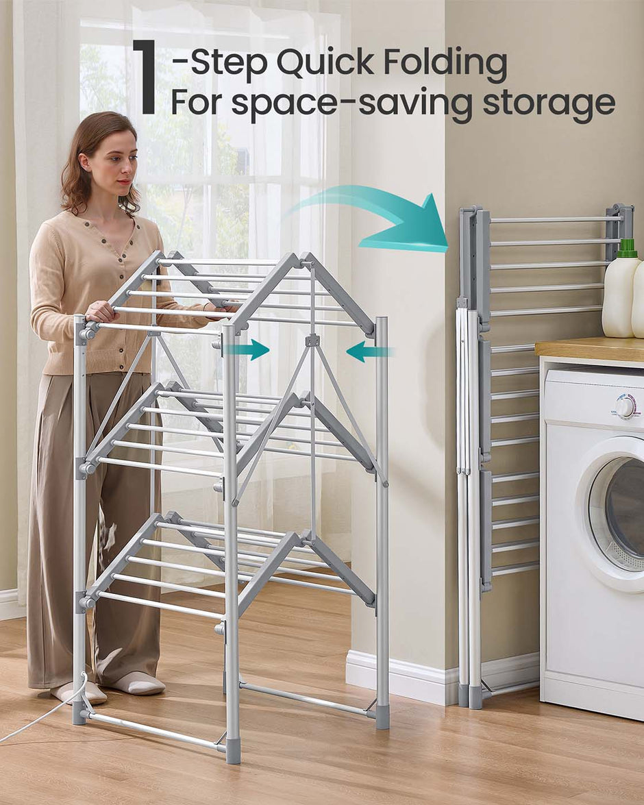 Heated Clothes Airer – Aluminium Alloy – Silver – Foldable with Fabric Cover and Control Panel