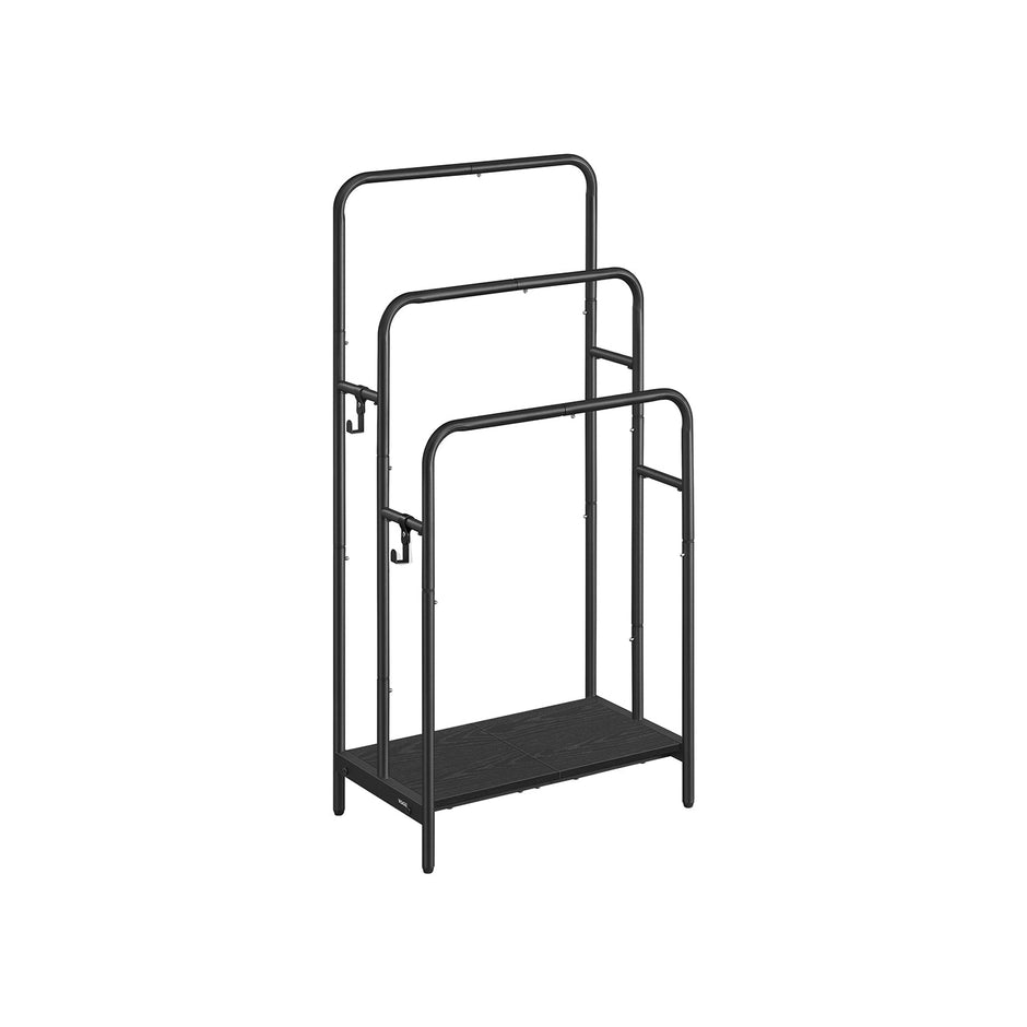 Freestanding Towel Rack – Metal – Ink Black and Ebony Black – 3-Bar with 2 Hooks and Storage Shelf