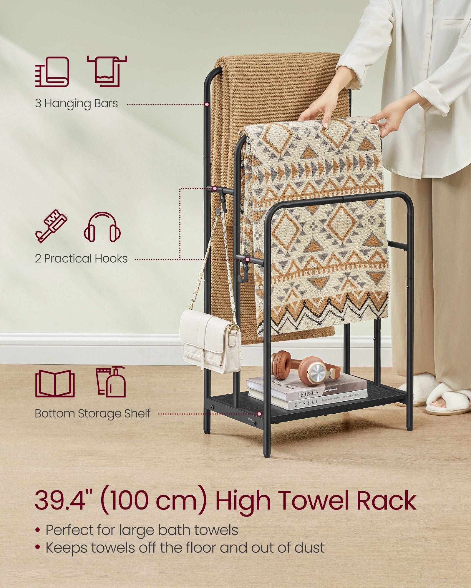 Freestanding Towel Rack – Metal – Ink Black and Ebony Black – 3-Bar with 2 Hooks and Storage Shelf