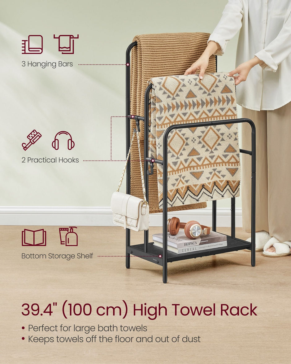 Freestanding Towel Rack – Metal – Ink Black and Ebony Black – 3-Bar with 2 Hooks and Storage Shelf