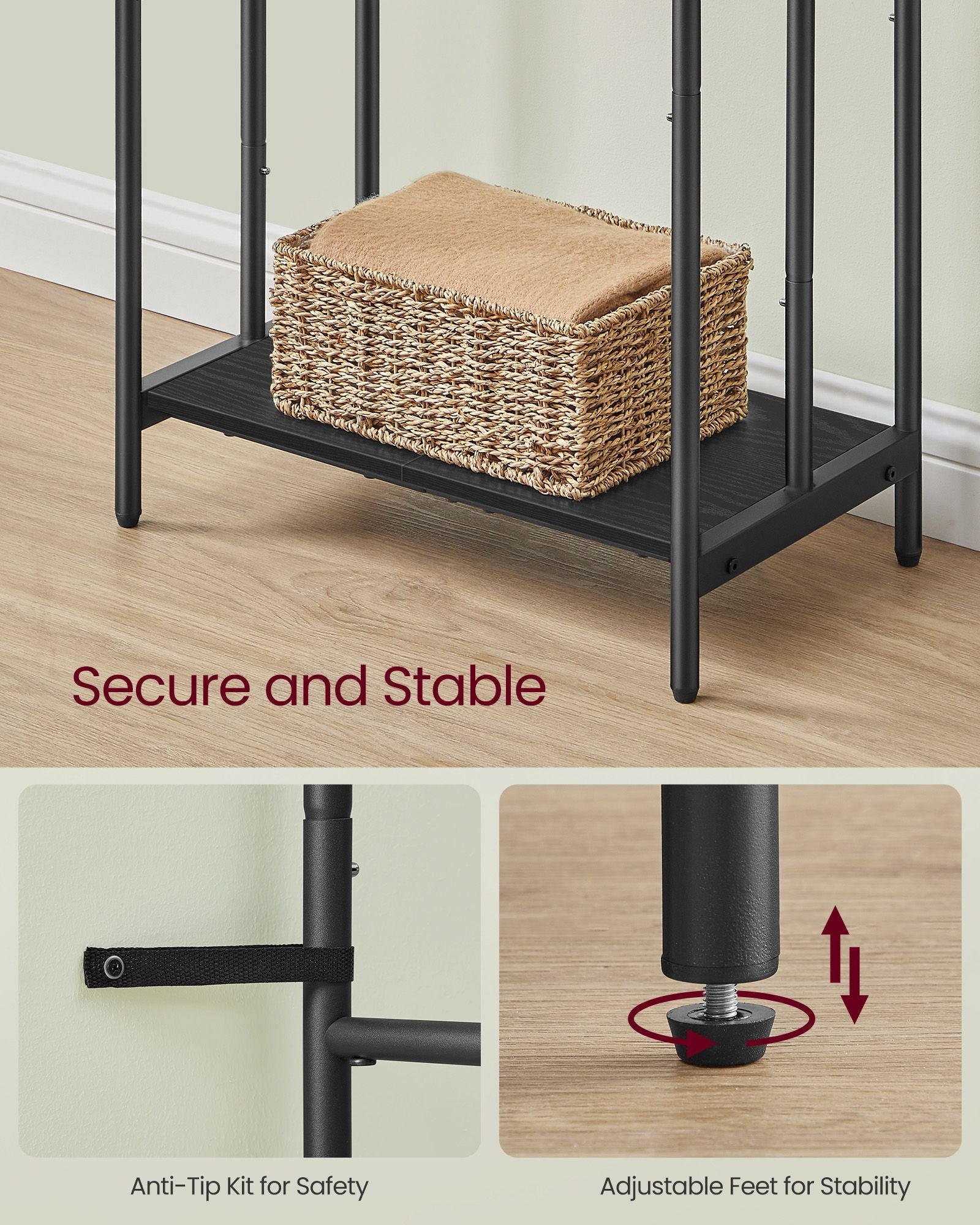 Freestanding Towel Rack – Metal – Ink Black and Ebony Black – 3-Bar with 2 Hooks and Storage Shelf