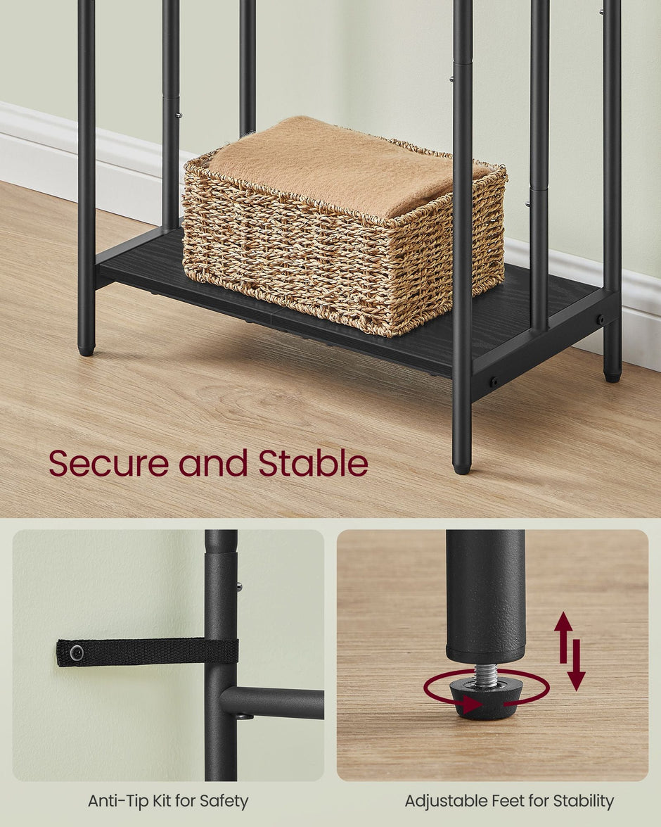Freestanding Towel Rack – Metal – Ink Black and Ebony Black – 3-Bar with 2 Hooks and Storage Shelf