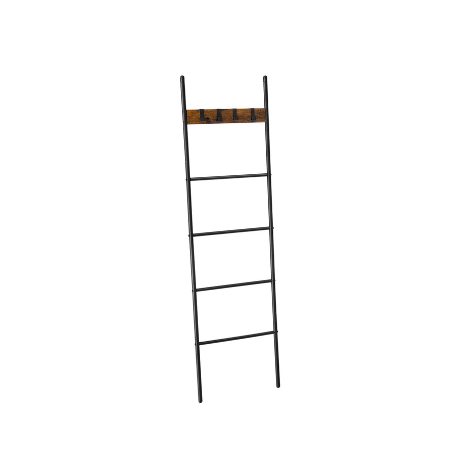 Blanket Ladder – Metal and Wood – Rustic Brown and Black – 5-Tier with Hooks and Space-Saving Design