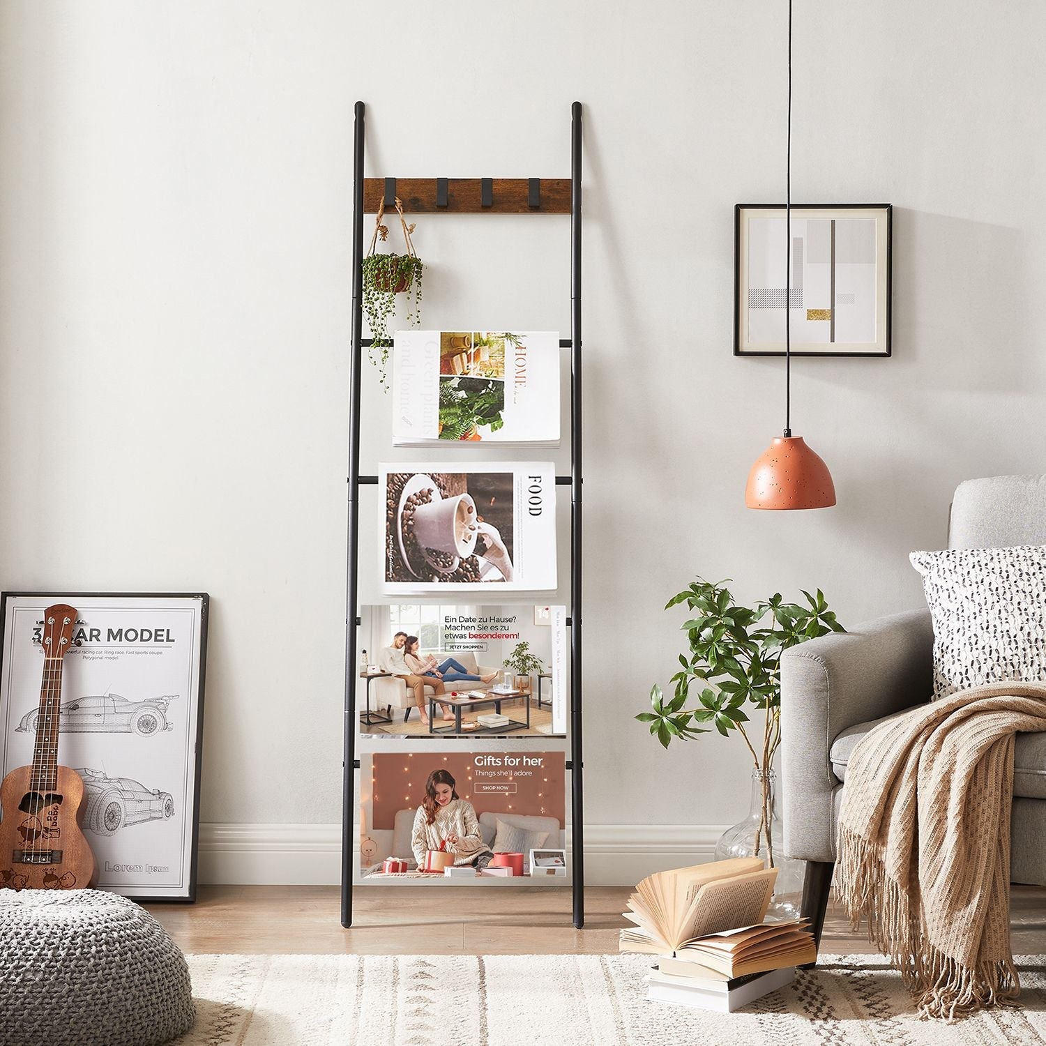 Blanket Ladder – Metal and Wood – Rustic Brown and Black – 5-Tier with Hooks and Space-Saving Design
