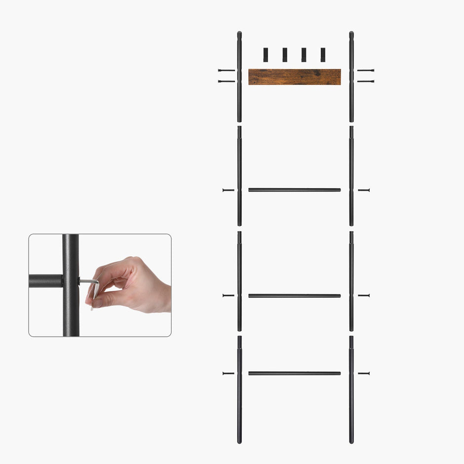 Blanket Ladder – Metal and Wood – Rustic Brown and Black – 5-Tier with Hooks and Space-Saving Design
