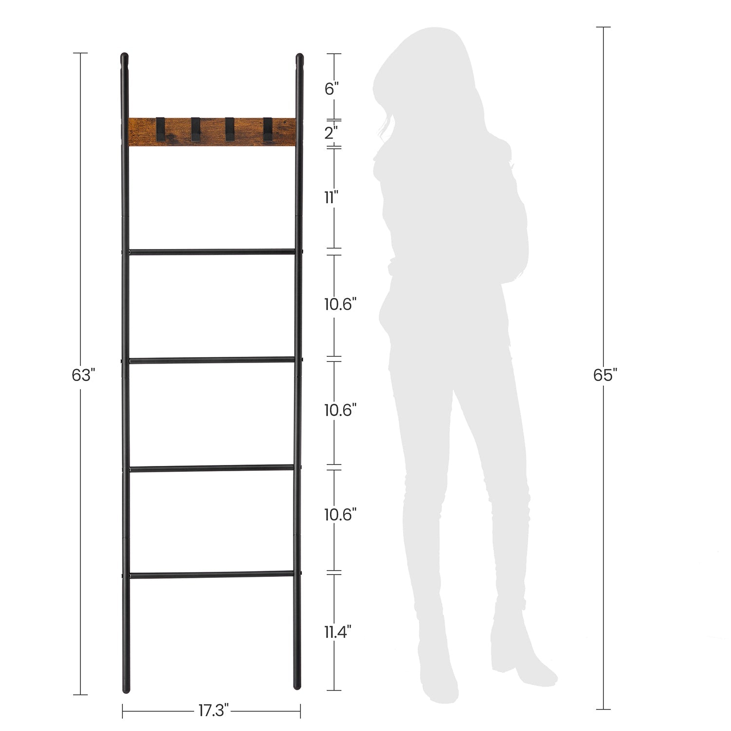 Blanket Ladder – Metal and Wood – Rustic Brown and Black – 5-Tier with Hooks and Space-Saving Design