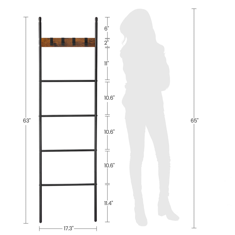 Blanket Ladder – Metal and Wood – Rustic Brown and Black – 5-Tier with Hooks and Space-Saving Design