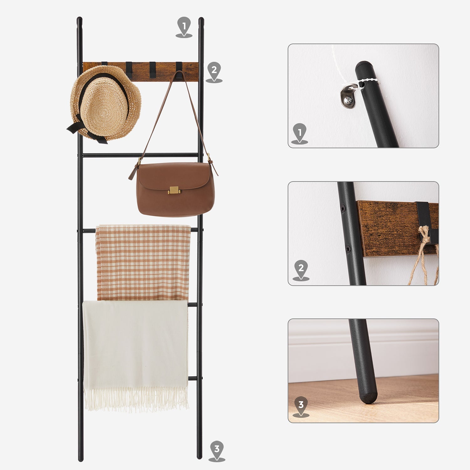 Blanket Ladder – Metal and Wood – Rustic Brown and Black – 5-Tier with Hooks and Space-Saving Design