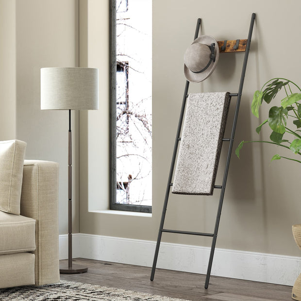 5-Tier Ladder Shelf – Metal – Black – Space-Saving with 4 Removable Hooks