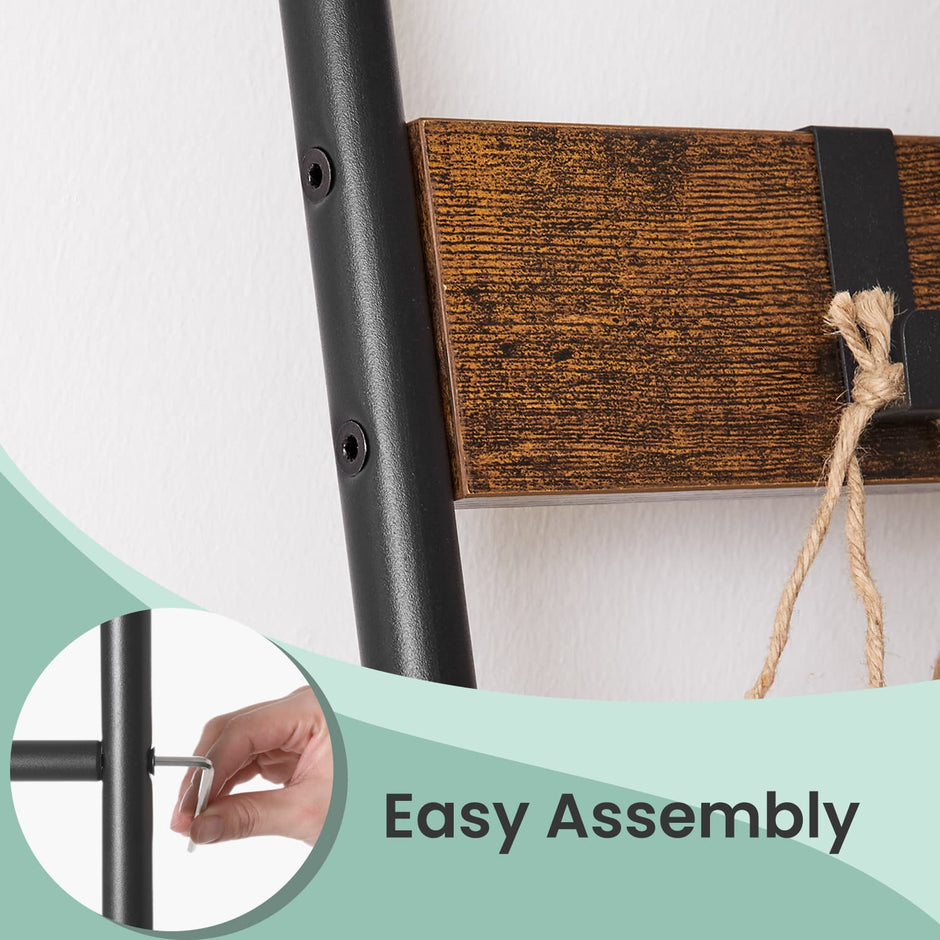 5-Tier Ladder Shelf – Metal – Black – Space-Saving with 4 Removable Hooks