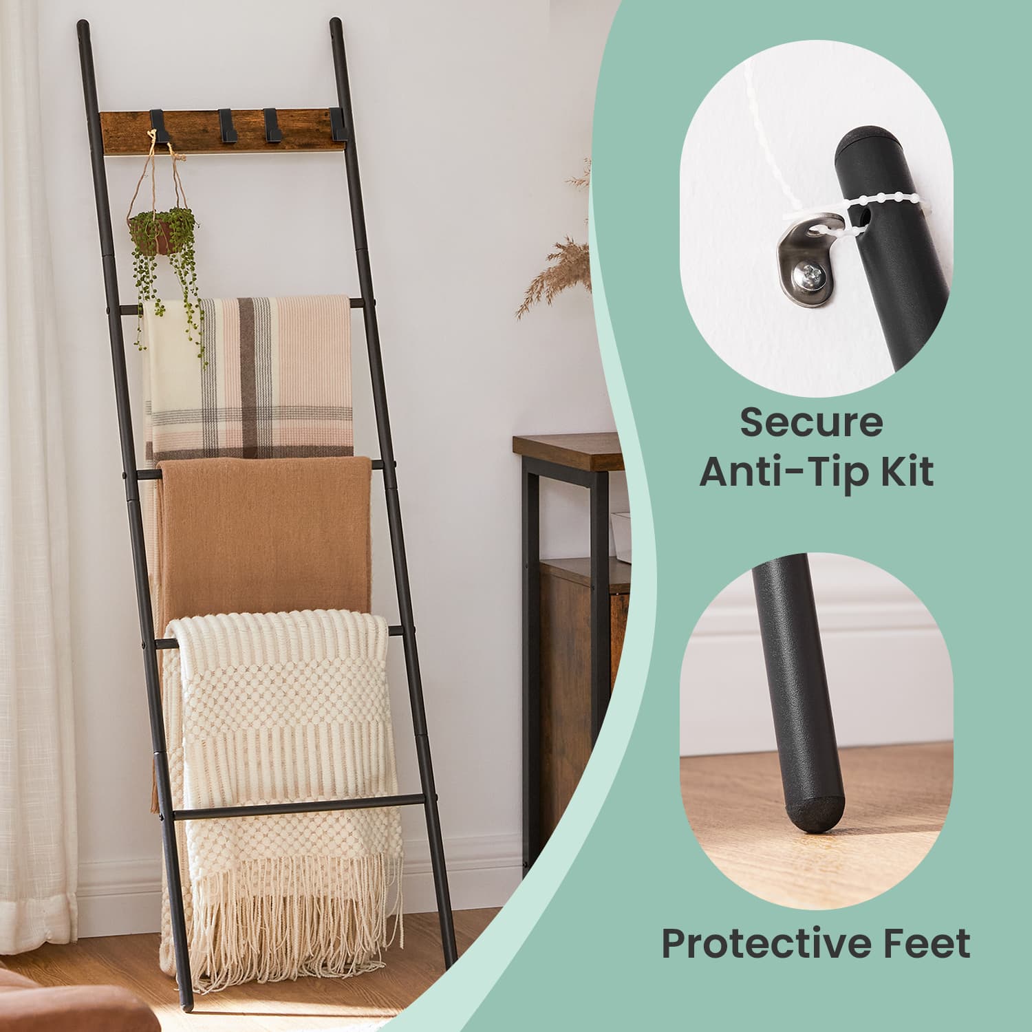 5-Tier Ladder Shelf – Metal – Black – Space-Saving with 4 Removable Hooks