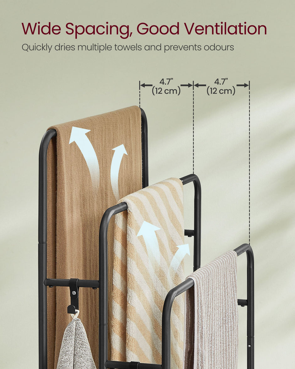 Freestanding Towel Rack – Metal – Ink Black and Ebony Black – 3-Bar with 2 Hooks