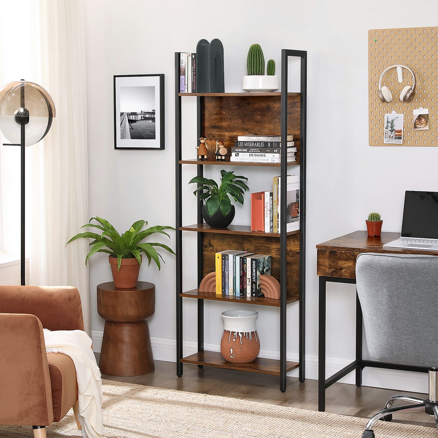 5-Tier Bookcase – Steel – Rustic Brown and Black – Stable Structure