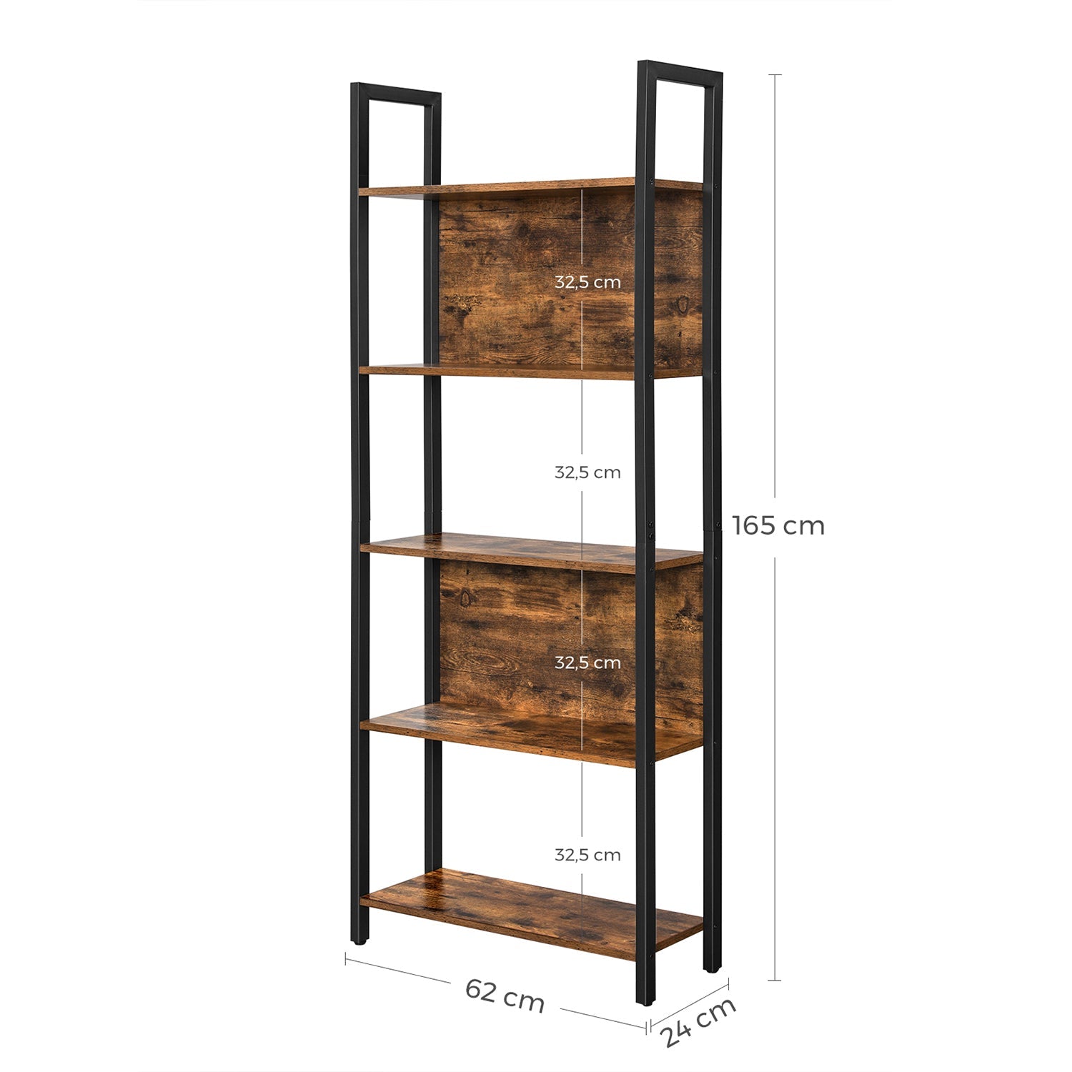 5-Tier Bookcase – Steel – Rustic Brown and Black – Stable Structure