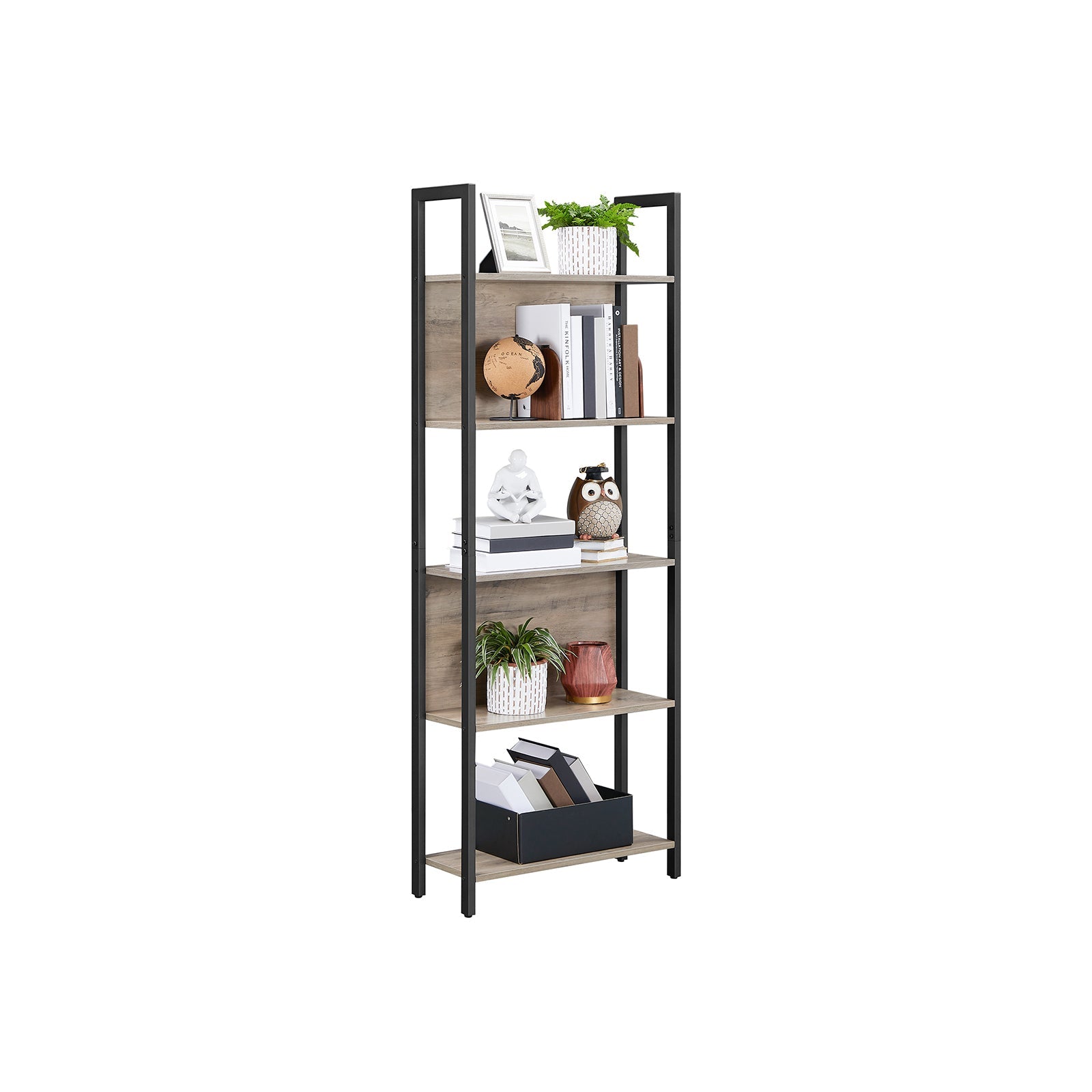 Bookshelf – Steel – Rustic Brown and Black – 5 Shelves, Stable Structure, Industrial Style
