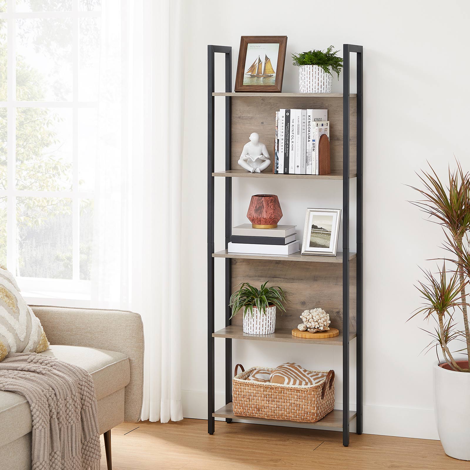 Bookshelf – Steel – Rustic Brown and Black – 5 Shelves, Stable Structure, Industrial Style