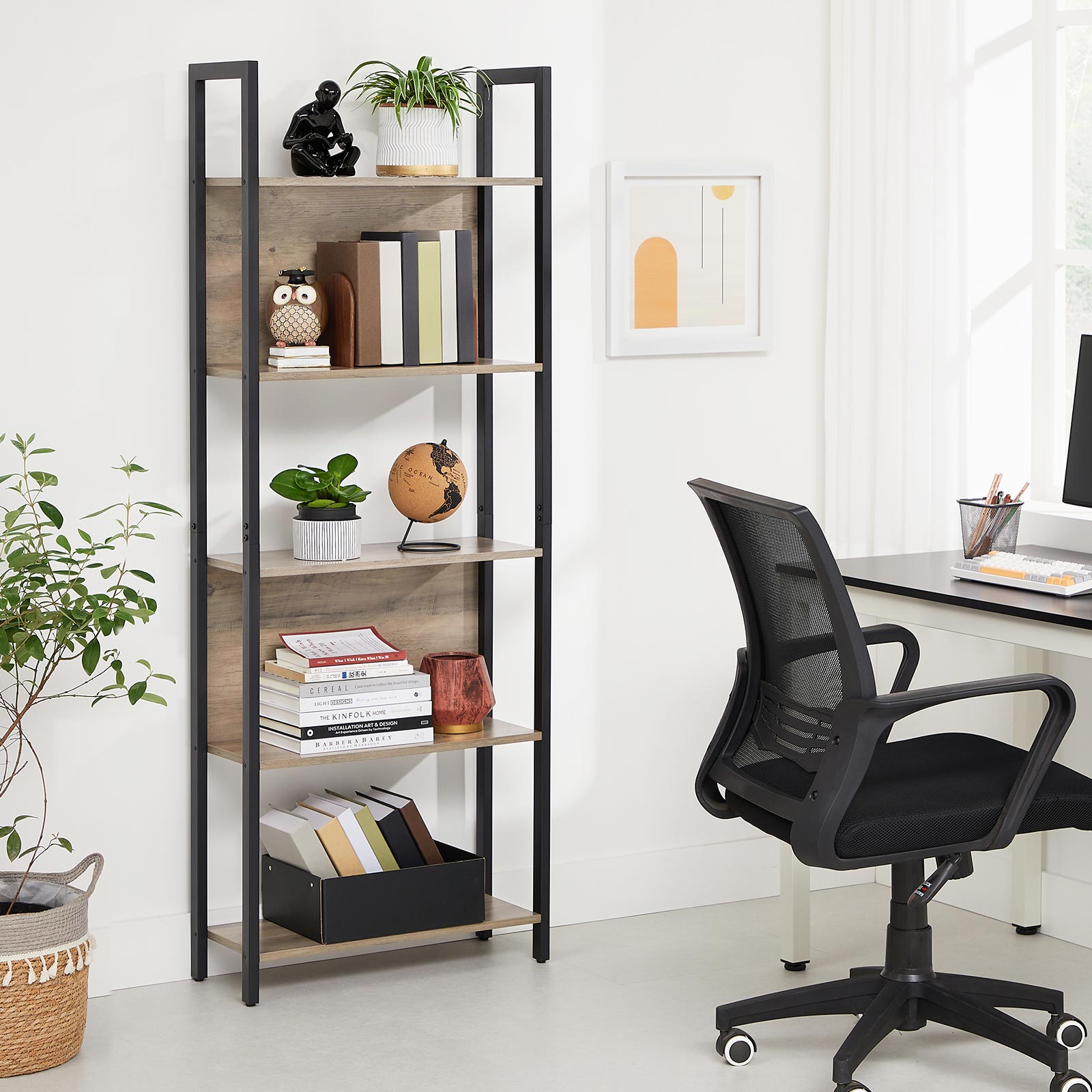 Bookshelf – Steel – Rustic Brown and Black – 5 Shelves, Stable Structure, Industrial Style