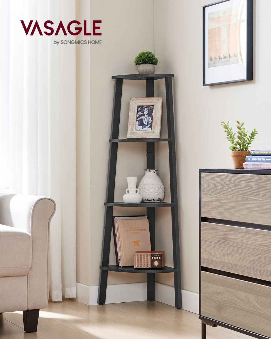 4-Tier Corner Shelf Unit – Engineered Wood – Charcoal Gray and Matte Black – Industrial Design