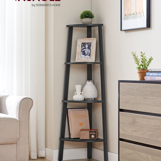 4-Tier Corner Shelf Unit – Engineered Wood – Charcoal Gray and Matte Black – Industrial Design