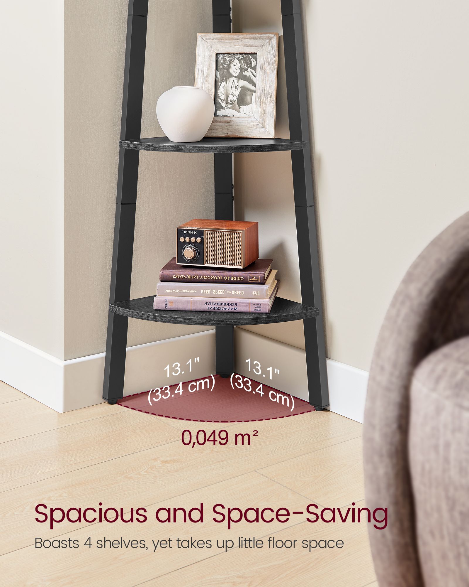 4-Tier Corner Shelf Unit – Engineered Wood – Charcoal Gray and Matte Black – Industrial Design