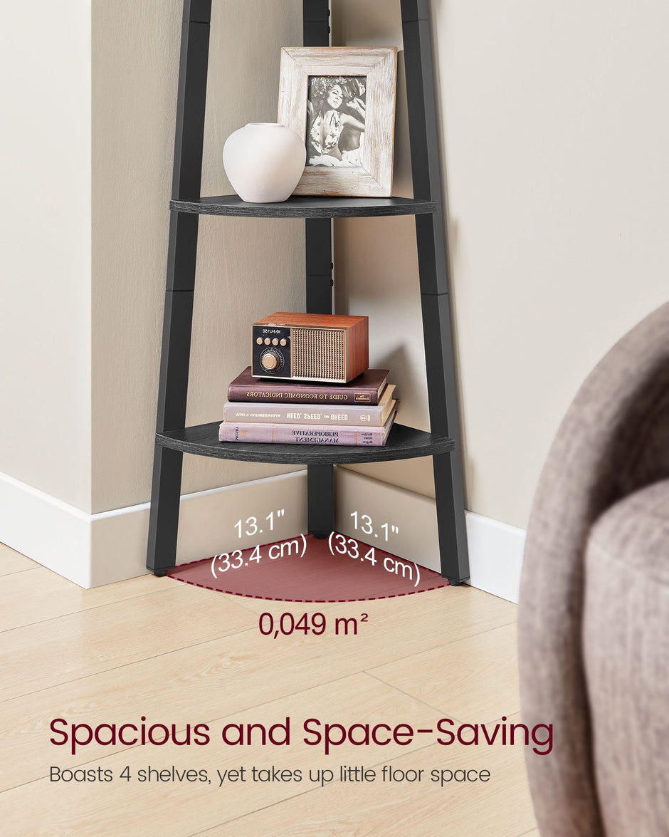 4-Tier Corner Shelf Unit – Engineered Wood – Charcoal Gray and Matte Black – Industrial Design