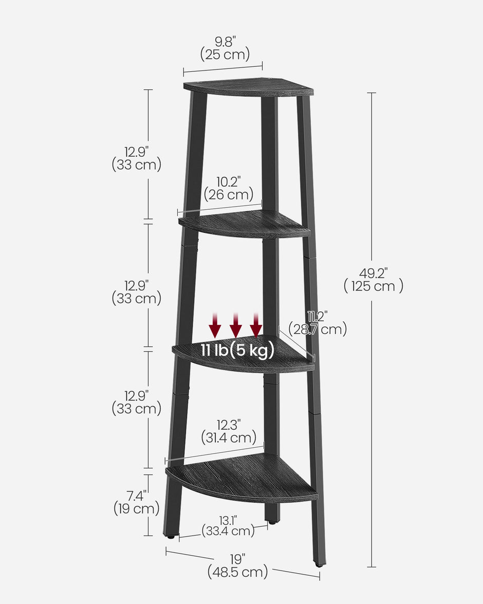 4-Tier Corner Shelf Unit – Engineered Wood – Charcoal Gray and Matte Black – Industrial Design