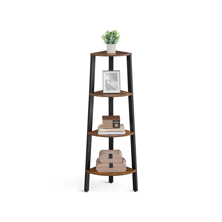 Corner Shelf Rack – Wood – Rustic Brown – 4-Tier Industrial Design