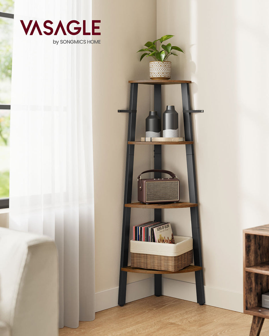 Corner Shelf Rack – Wood – Rustic Brown – 4-Tier Industrial Design