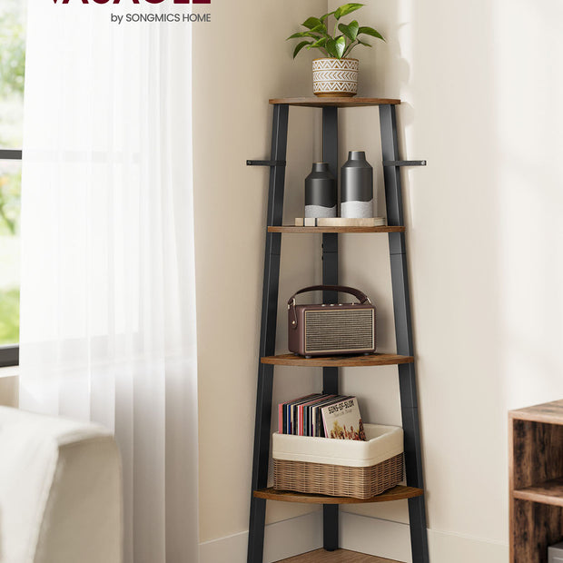 Corner Shelf Rack – Wood – Rustic Brown – 4-Tier Industrial Design