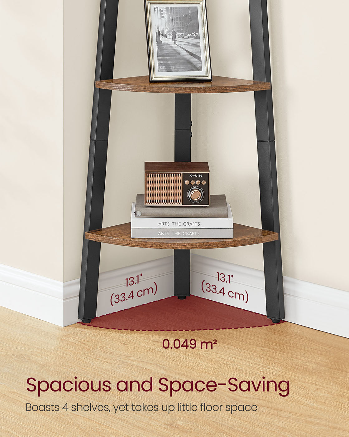 Corner Shelf Rack – Wood – Rustic Brown – 4-Tier Industrial Design