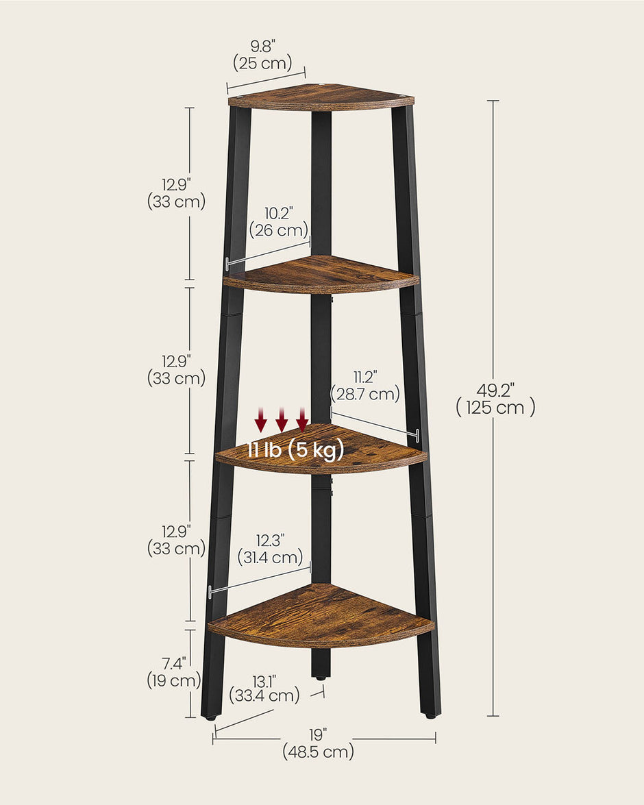 Corner Shelf Rack – Wood – Rustic Brown – 4-Tier Industrial Design