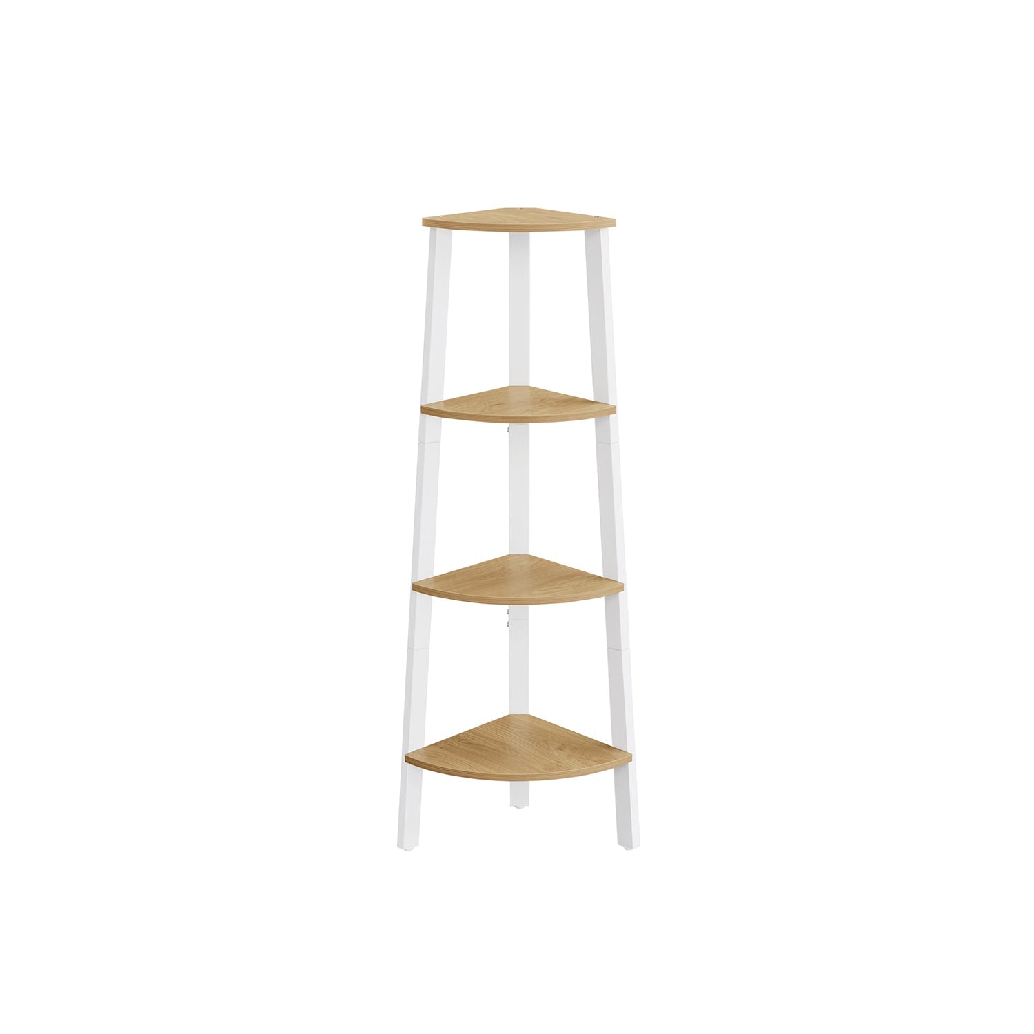4-Tier Corner Shelf Unit – Natural Oak and Matte White – Industrial Style Organizer for Home and Living Spaces