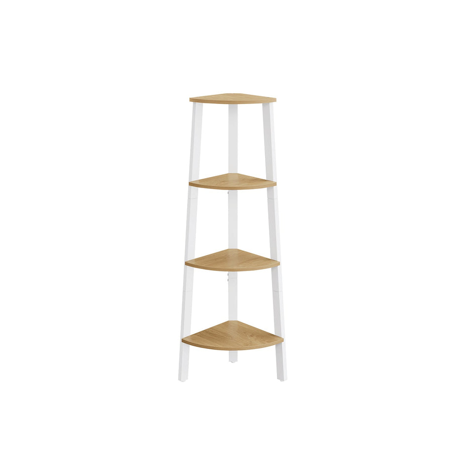4-Tier Corner Shelf Unit – Natural Oak and Matte White – Industrial Style Organizer for Home and Living Spaces