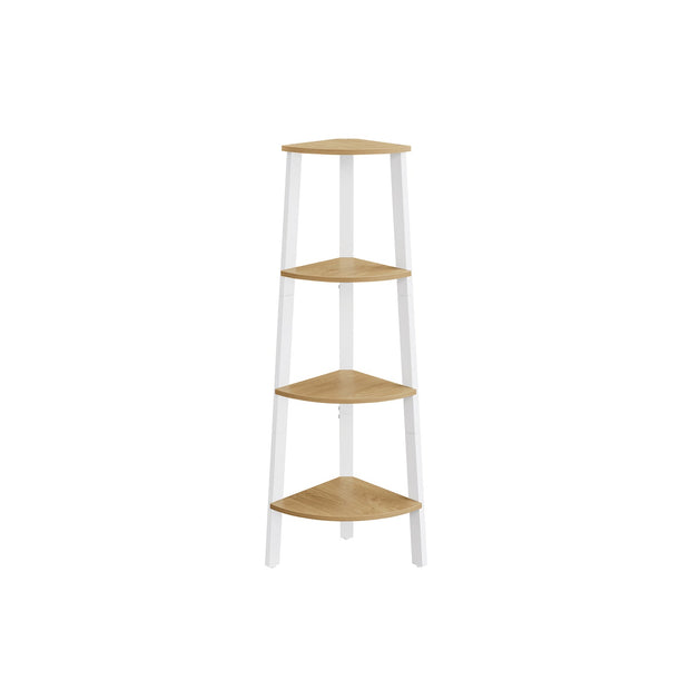 4-Tier Corner Shelf Unit – Natural Oak and Matte White – Industrial Style Organizer for Home and Living Spaces