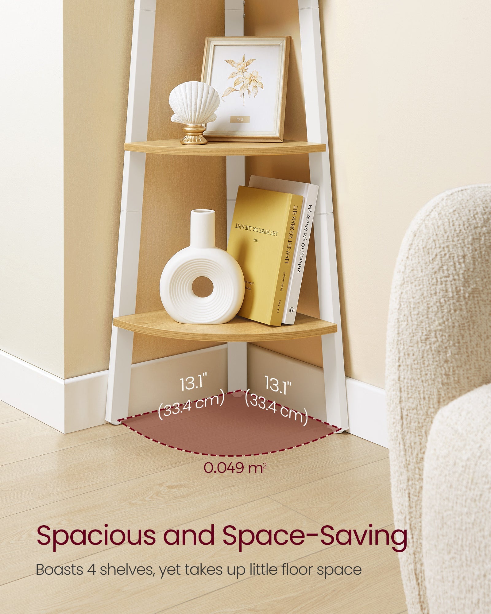 4-Tier Corner Shelf Unit – Natural Oak and Matte White – Industrial Style Organizer for Home and Living Spaces