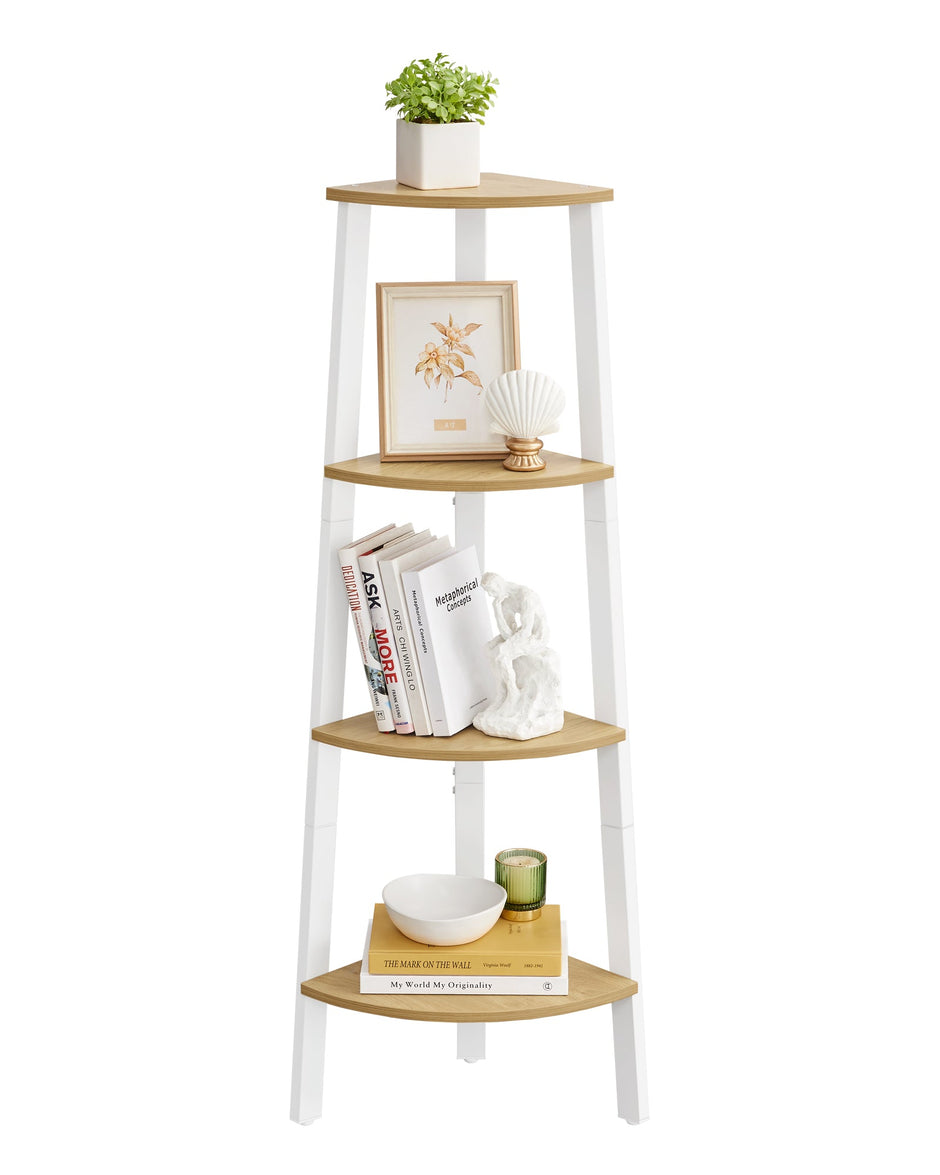 4-Tier Corner Shelf Unit – Natural Oak and Matte White – Industrial Style Organizer for Home and Living Spaces